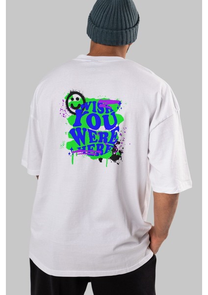 Wish You Were Here Yazılı Arka Baskılı Beyaz Oversize T-Shirt Erkek Kadın Bisiklet Yaka