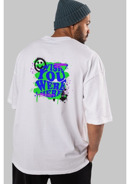 Wish You Were Here Yazılı Arka Baskılı Beyaz Oversize T-Shirt Erkek Kadın Bisiklet Yaka modelleri