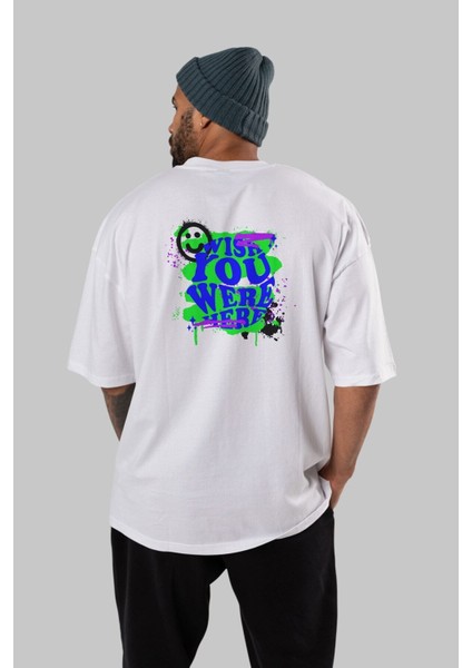Wish You Were Here Yazılı Arka Baskılı Beyaz Oversize T-Shirt Erkek Kadın Bisiklet Yaka indirimleri