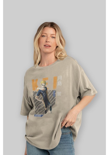 Kei Tsukishima 2 Anime Ön Baskılı Bej Oversize T-Shirt Erkek Kadın