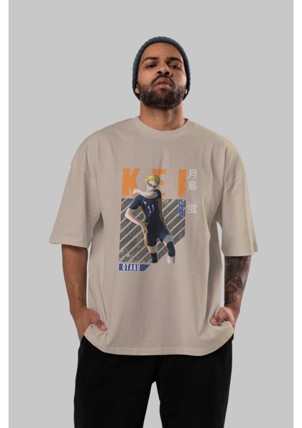 Kei Tsukishima 2 Anime Ön Baskılı Bej Oversize T-Shirt Erkek Kadın