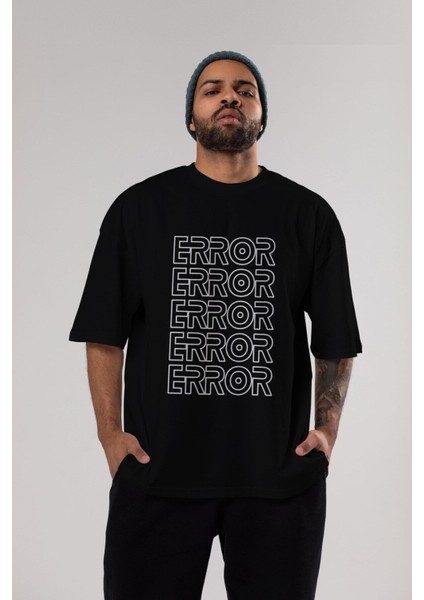 Error Yazılı Ön Baskılı Siyah Oversize T-Shirt Erkek Kadın Bisiklet Yaka