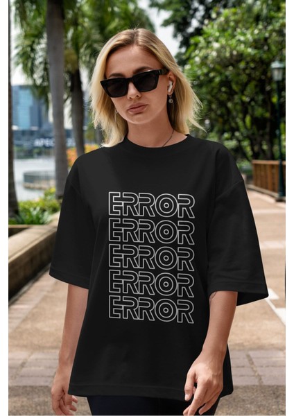 Error Yazılı Ön Baskılı Siyah Oversize T-Shirt Erkek Kadın Bisiklet Yaka indirimleri