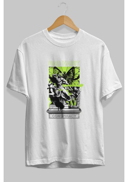 Bad Habit Ön Baskılı Beyaz Oversize T-Shirt Erkek Kadın Bisiklet Yaka fırsatları