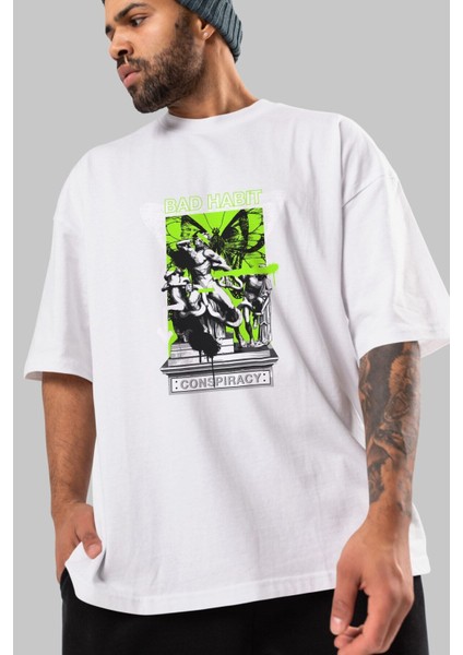 Bad Habit Ön Baskılı Beyaz Oversize T-Shirt Erkek Kadın Bisiklet Yaka indirimleri