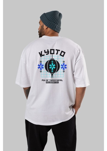 Kyoto Mix Traditional Arka Baskılı Beyaz Oversize T-Shirt Erkek Kadın Bisiklet Yaka