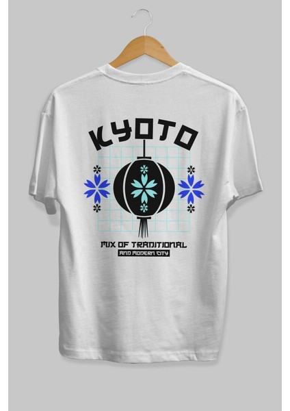 Kyoto Mix Traditional Arka Baskılı Beyaz Oversize T-Shirt Erkek Kadın Bisiklet Yaka