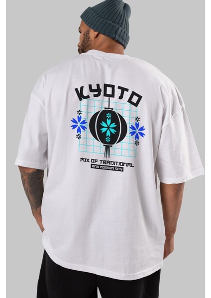 Kyoto Mix Traditional Arka Baskılı Beyaz Oversize T-Shirt Erkek Kadın Bisiklet Yaka