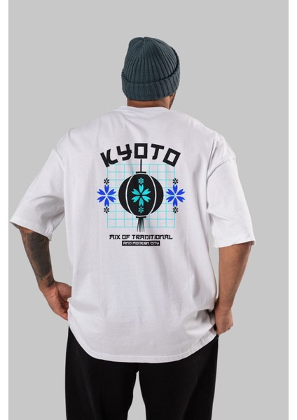 Kyoto Mix Traditional Arka Baskılı Beyaz Oversize T-Shirt Erkek Kadın Bisiklet Yaka