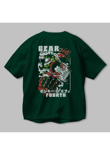 Luffy Gear Fourth Anime Arka Baskılı Zümrüt Yeşili Oversize T-Shirt Pamuk Erkek Kadın modelleri