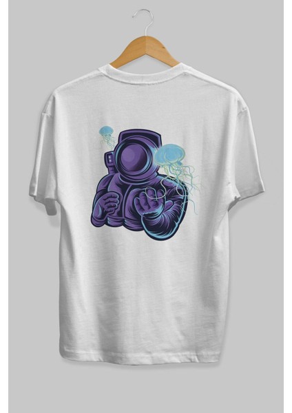 Astronaut And Jellyfish Arka Baskılı Beyaz Oversize T-Shirt Erkek Kadın Bisiklet Yaka fiyatları