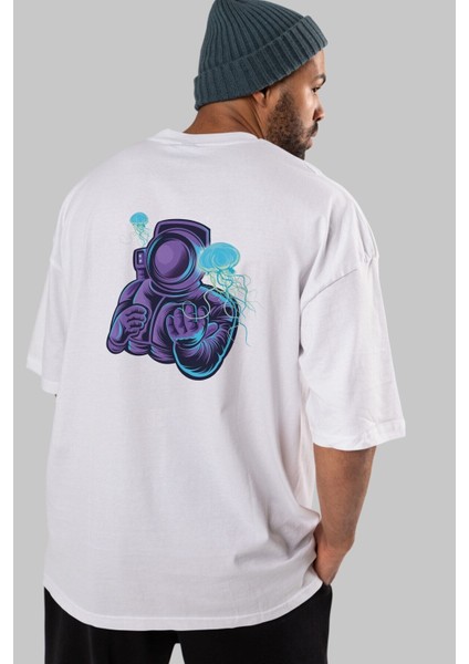 Astronaut And Jellyfish Arka Baskılı Beyaz Oversize T-Shirt Erkek Kadın Bisiklet Yaka fırsatları