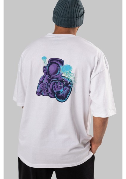 Astronaut And Jellyfish Arka Baskılı Beyaz Oversize T-Shirt Erkek Kadın Bisiklet Yaka indirimleri