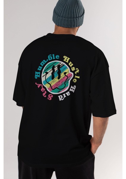 Stay Humble Arka Baskılı Siyah Oversize T-Shirt Erkek Kadın Bisiklet Yaka indirimleri