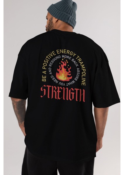 Positive Energy Arka Baskılı Siyah Oversize T-Shirt Erkek Kadın Bisiklet Yaka
