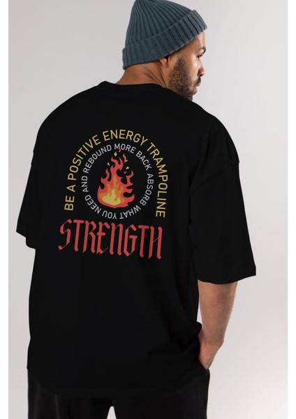 Positive Energy Arka Baskılı Siyah Oversize T-Shirt Erkek Kadın Bisiklet Yaka fırsatları