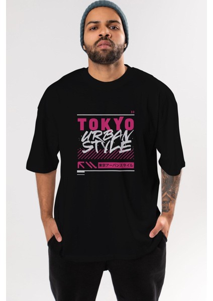 Tokyo Urban Style Ön Baskılı Siyah Oversize T-Shirt Erkek Kadın Bisiklet Yaka fiyatları