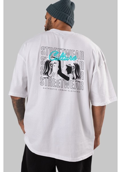 Culture Streetwear Yazılı Arka Baskılı Beyaz Oversize T-Shirt Erkek Kadın Bisiklet Yaka modelleri