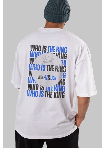 Who Is The King Yazılı Arka Baskılı Beyaz Oversize T-Shirt Erkek Kadın Bisiklet Yaka