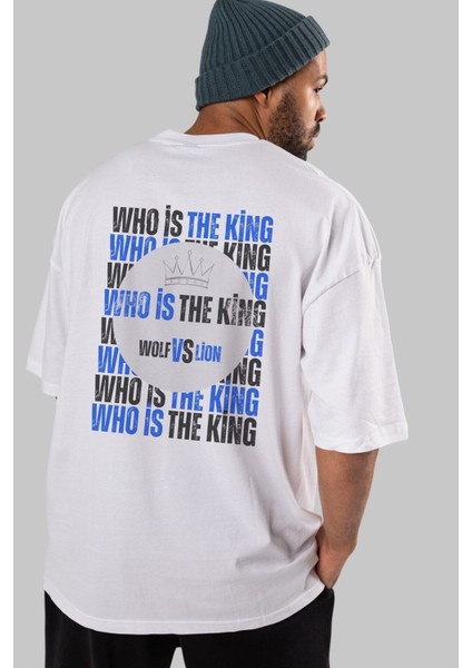 Who Is The King Yazılı Arka Baskılı Beyaz Oversize T-Shirt Erkek Kadın Bisiklet Yaka modelleri