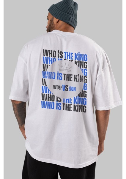 Who Is The King Yazılı Arka Baskılı Beyaz Oversize T-Shirt Erkek Kadın Bisiklet Yaka fırsatları