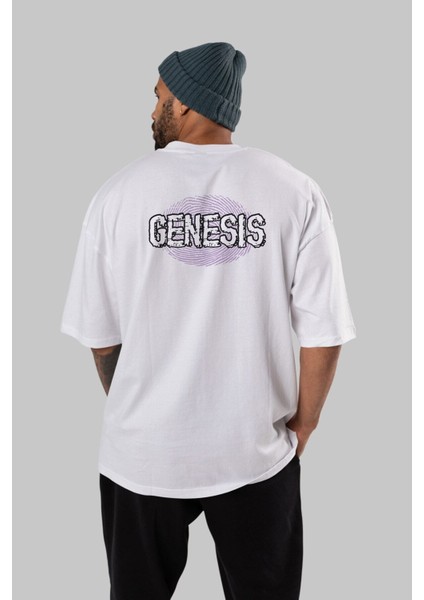 Genesis Arka Baskılı Beyaz Oversize T-Shirt Erkek Kadın Bisiklet Yaka