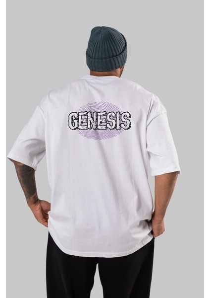 Genesis Arka Baskılı Beyaz Oversize T-Shirt Erkek Kadın Bisiklet Yaka modelleri
