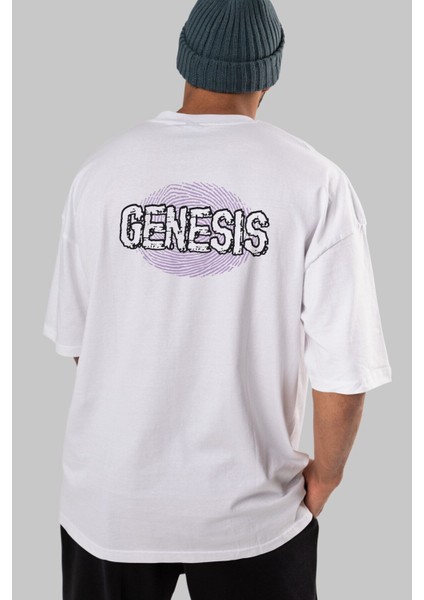 Genesis Arka Baskılı Beyaz Oversize T-Shirt Erkek Kadın Bisiklet Yaka indirimleri