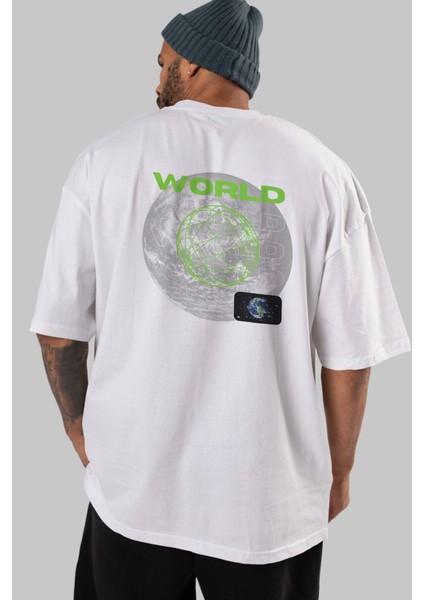 World Streetwear Arka Baskılı Beyaz Oversize T-Shirt Erkek Kadın Bisiklet Yaka fiyatları