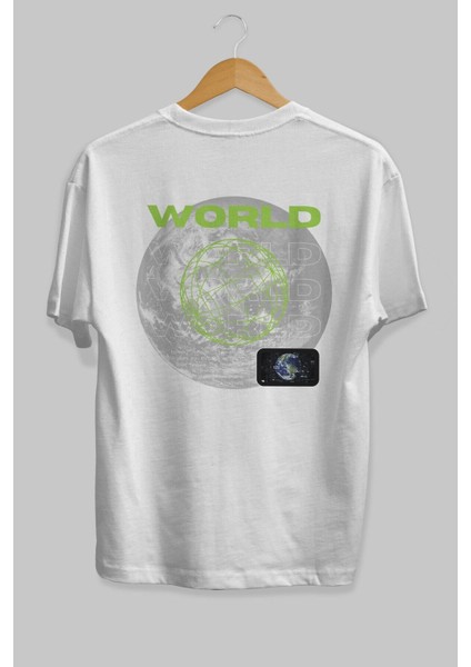 World Streetwear Arka Baskılı Beyaz Oversize T-Shirt Erkek Kadın Bisiklet Yaka fırsatları