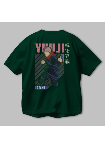 Yuuji Itadori Anime Arka Baskılı Zümrüt Yeşili Oversize T-Shirt Pamuk Erkek Kadın modelleri