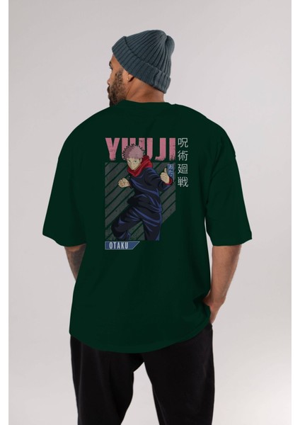 Yuuji Itadori Anime Arka Baskılı Zümrüt Yeşili Oversize T-Shirt Pamuk Erkek Kadın indirimleri
