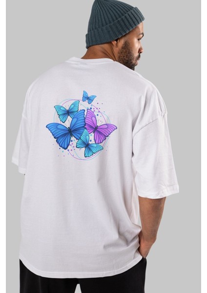 Kelebek Arka Baskılı Beyaz Oversize T-Shirt Erkek Kadın Bisiklet Yaka