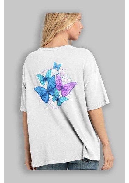 Kelebek Arka Baskılı Beyaz Oversize T-Shirt Erkek Kadın Bisiklet Yaka modelleri