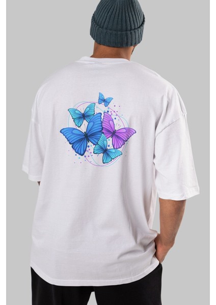Kelebek Arka Baskılı Beyaz Oversize T-Shirt Erkek Kadın Bisiklet Yaka indirimleri