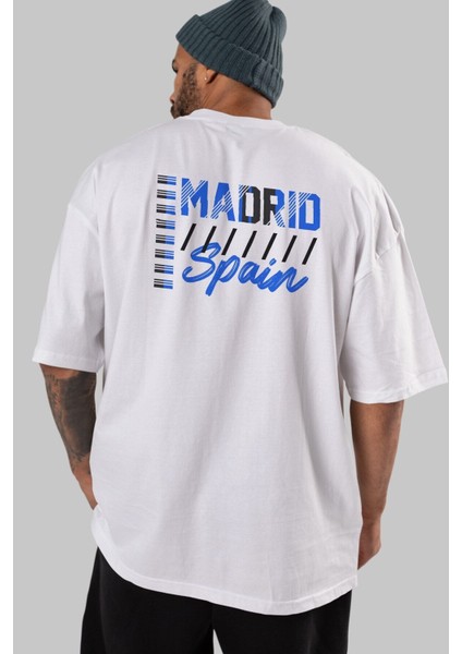 Madrid Arka Baskılı Beyaz Oversize T-Shirt Erkek Kadın Bisiklet Yaka