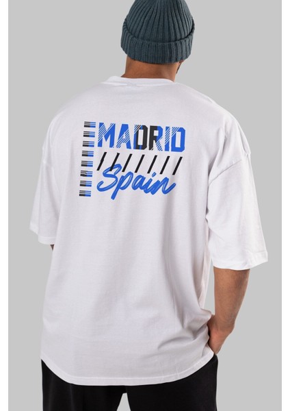 Madrid Arka Baskılı Beyaz Oversize T-Shirt Erkek Kadın Bisiklet Yaka fiyatları