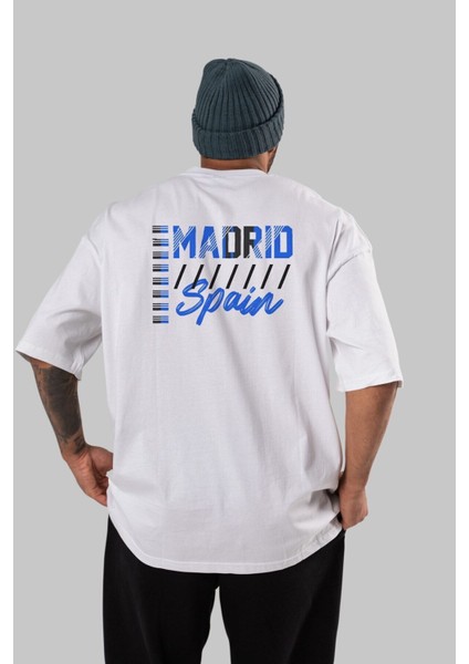 Madrid Arka Baskılı Beyaz Oversize T-Shirt Erkek Kadın Bisiklet Yaka modelleri