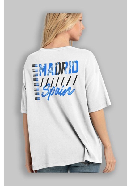 Madrid Arka Baskılı Beyaz Oversize T-Shirt Erkek Kadın Bisiklet Yaka fırsatları