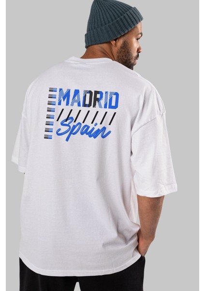 Madrid Arka Baskılı Beyaz Oversize T-Shirt Erkek Kadın Bisiklet Yaka indirimleri