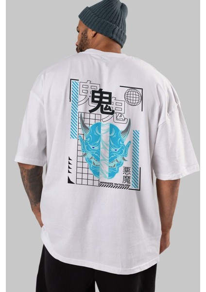 Japan Mythology Arka Baskılı Beyaz Oversize T-Shirt Erkek Kadın Bisiklet Yaka