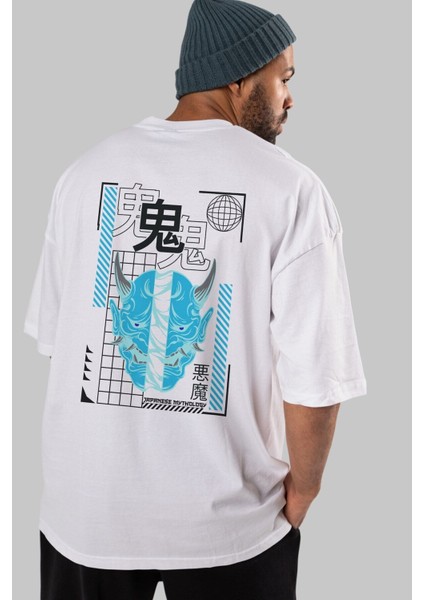 Japan Mythology Arka Baskılı Beyaz Oversize T-Shirt Erkek Kadın Bisiklet Yaka modelleri