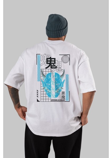 Japan Mythology Arka Baskılı Beyaz Oversize T-Shirt Erkek Kadın Bisiklet Yaka fırsatları