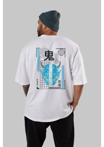 Japan Mythology Arka Baskılı Beyaz Oversize T-Shirt Erkek Kadın Bisiklet Yaka indirimleri