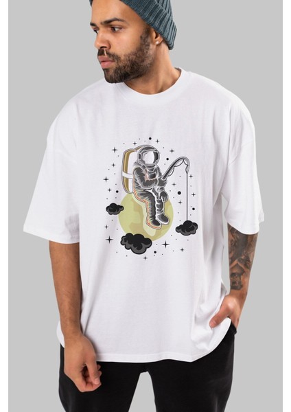 Astronaut Fishing Ön Baskılı Beyaz Oversize T-Shirt Erkek Kadın Bisiklet Yaka fırsatları