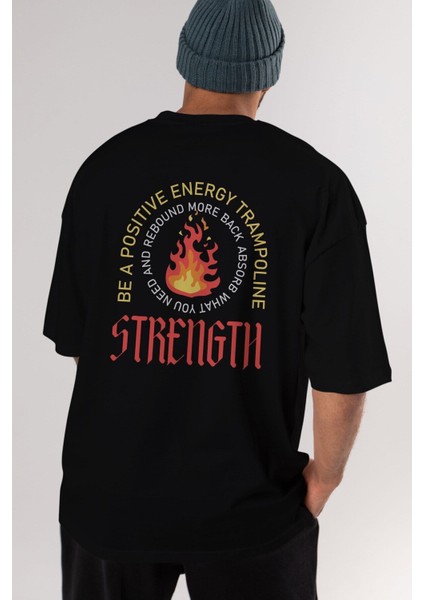 Positive Energy Arka Baskılı Siyah Oversize T-Shirt Erkek Kadın Bisiklet Yaka indirimleri