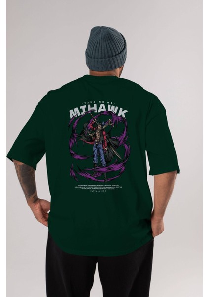 Mihawk Anime Arka Baskılı Zümrüt Yeşili Oversize T-Shirt Pamuk Erkek Kadın