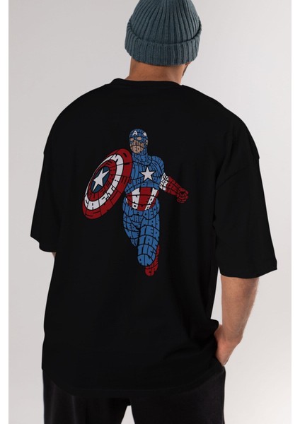 Star And Stripes Hero Arka Baskılı Siyah Oversize T-Shirt Erkek Kadın Bisiklet Yaka