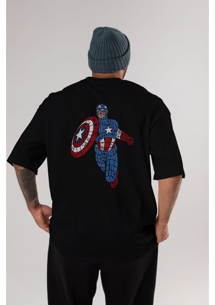 Star And Stripes Hero Arka Baskılı Siyah Oversize T-Shirt Erkek Kadın Bisiklet Yaka