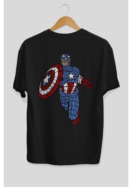 Star And Stripes Hero Arka Baskılı Siyah Oversize T-Shirt Erkek Kadın Bisiklet Yaka